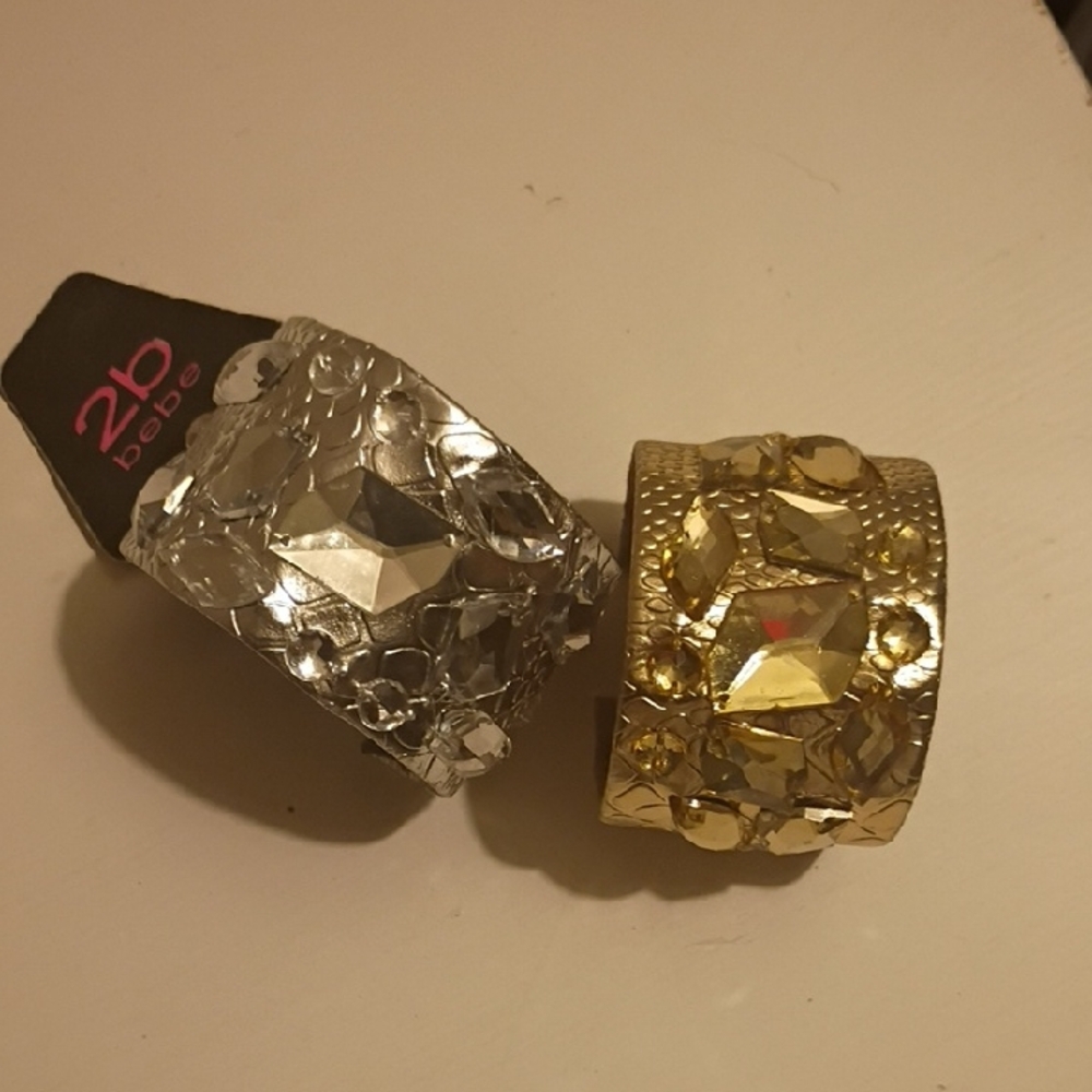 bebe Gold and Silver Jeweled Wide Cuff Bracelets